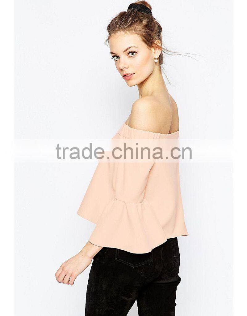 2016 Guangzhou Shandao Summer New Elegant Design Casual 3/4 Flare Sleeve Off Shoulder Pink Chiffon Girls Party Wear Tops