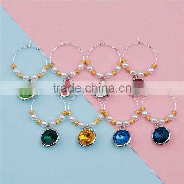 Glass Birthstone Hoop Earrings Gold Plated Acrylic Imitation Pearl Round At Random Rhinestone Wine Glass Charm For Party