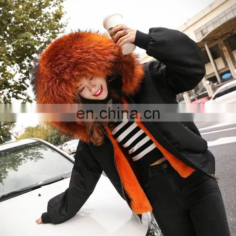 2016 Women Hooded Winter Military Raccoon Fur Hooded Bomber Jacket With Fur Lining