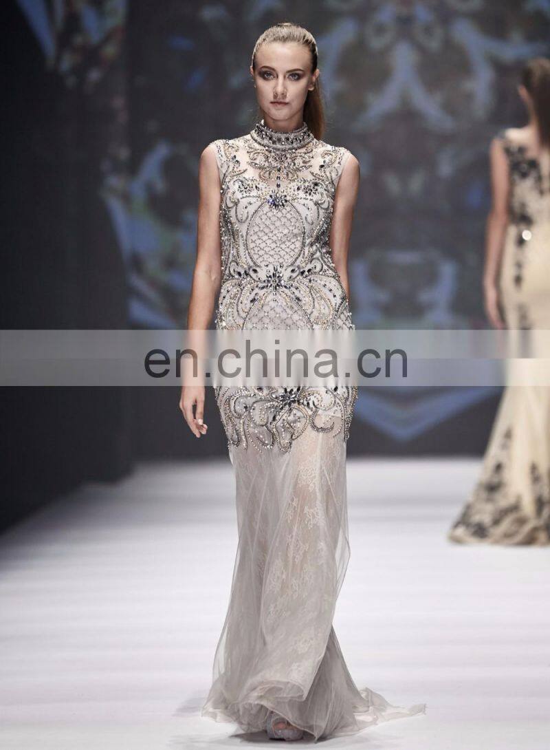 2017 B5461 Silver color halter net fabric beaded evening dresses & wedding dresses
