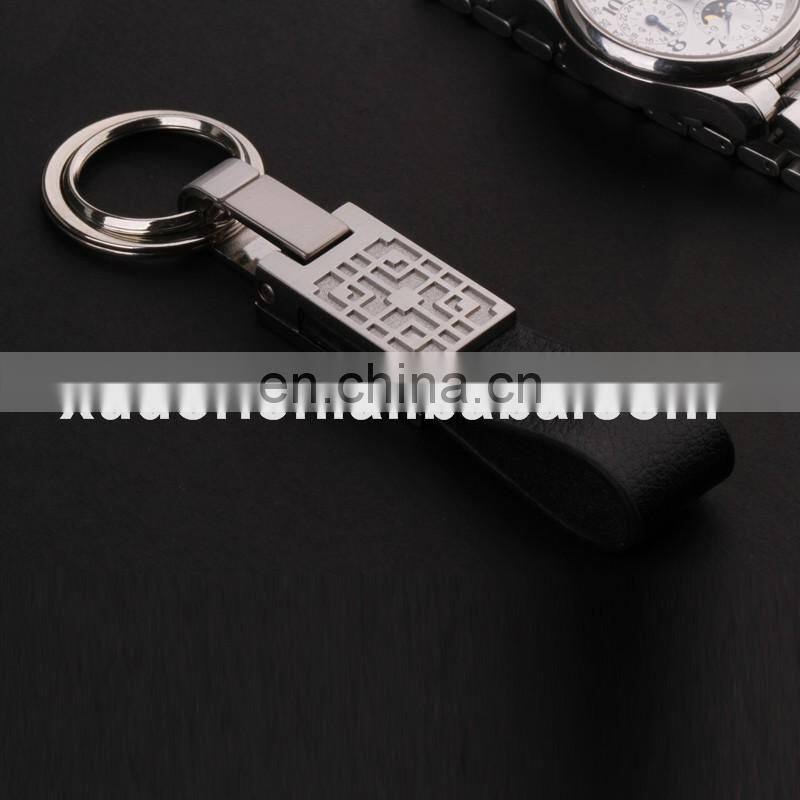 High Quality Promotional Zinc Alloy Laser Logo Black Leather Metal Car Keychain
