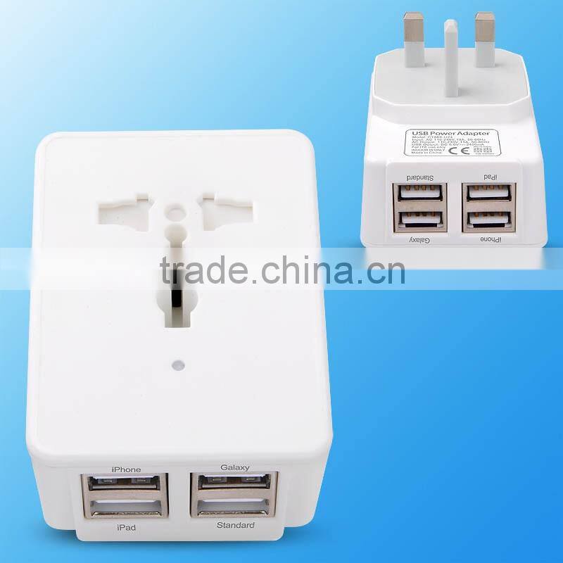 Multi-functional Travel Wall Four Usb Port Charger With One AC Output, UK/US/EU/AU Plug For Mobile