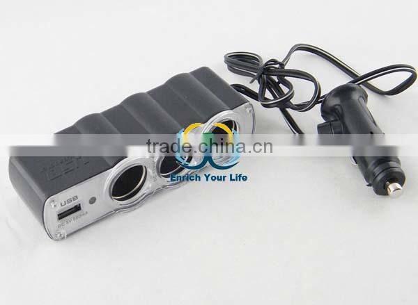 New PL12V3US Plug In Car 1 TO 3 Cigarette Lighter Multiplier With USB Charger