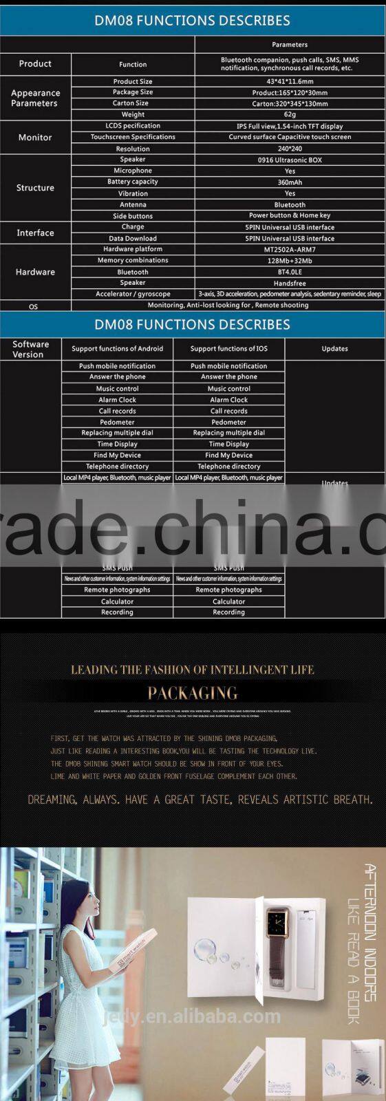 Newest DM08 Bluetooth 4.0 Smartwatch with Pedometer, Contacts Sync Camera Remote, Sleep monitor SMS Reminding Smartphones