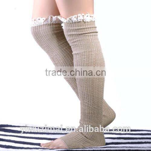 High quality cotton adult knitted knee high leg warmers ruffled lace winter women boot socks leg warmer 5 colors