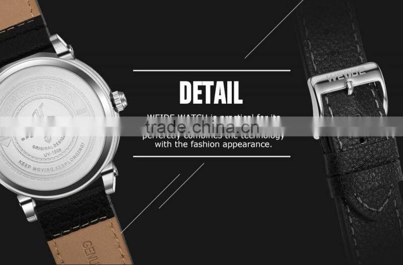 WEIDE Quartz Stainless Steel Watch Water Resistant Watch Military Business Genuine Leather Watch Strap Mens Watch