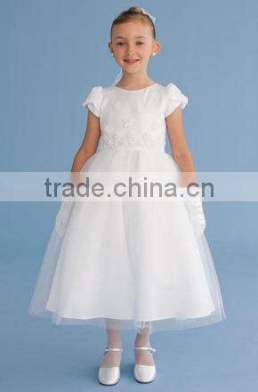 A-Line/Princess Scoop Neck cap sleeves Ankle-Length Organza Flower Girl Dress With Bow(s) Cascading Ruffles