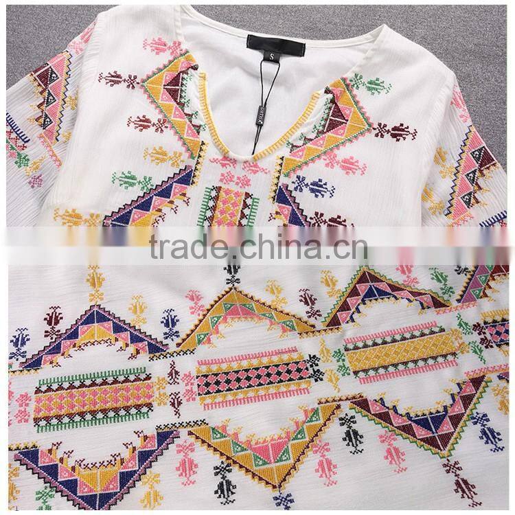 2016 Summer Fashion Women Midi Dresses Ladies Cotton Linen Half Sleeve Ethnic Embroidery Short Frock White Women Dress Model