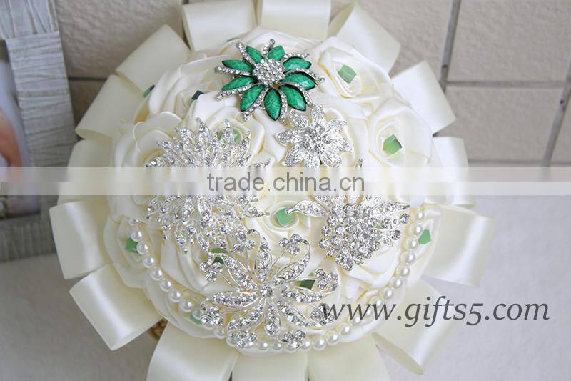 Handmade Custom Satin white Pearl Jeweled Wedding Bouquet ,brooch Bouquet