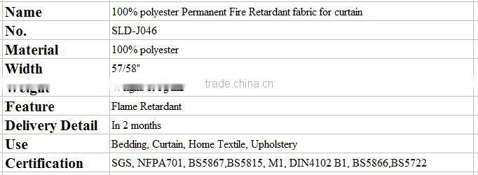 100% polyester permanent fire retardant fabric for curtain