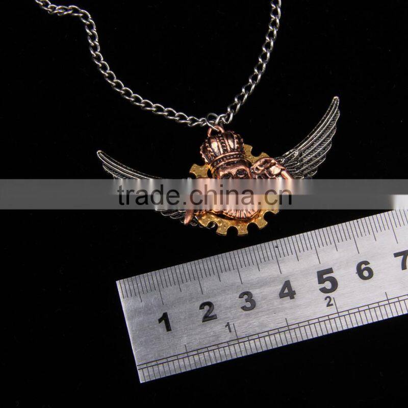 2015 yiwu fashion imitation jewelry hot sale new arrive steampunk gear angel wings pendant statement necklace key chain