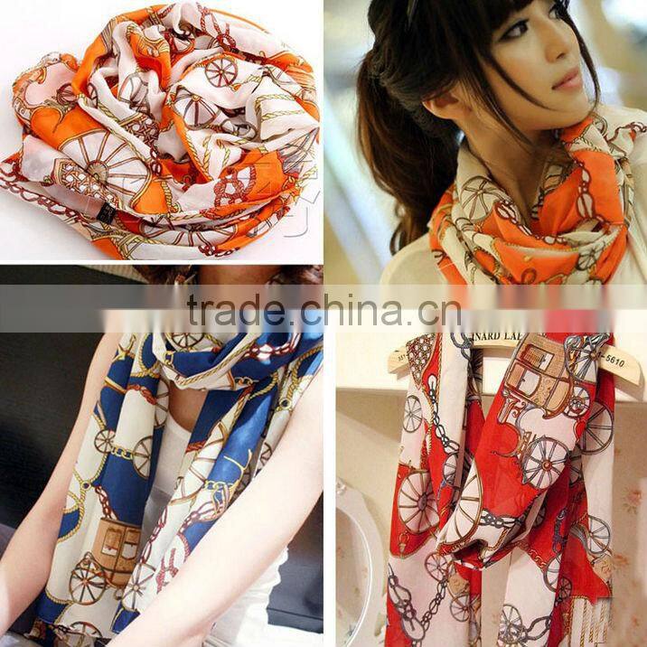 Korean Women Fashion Wheels Neck Scarf Shawl Long Soft Silk Chiffon Wide Wrap Scarves