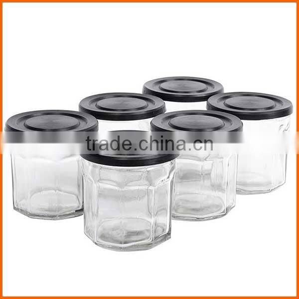 Wholesale large octagon jars glass with black lid for storage