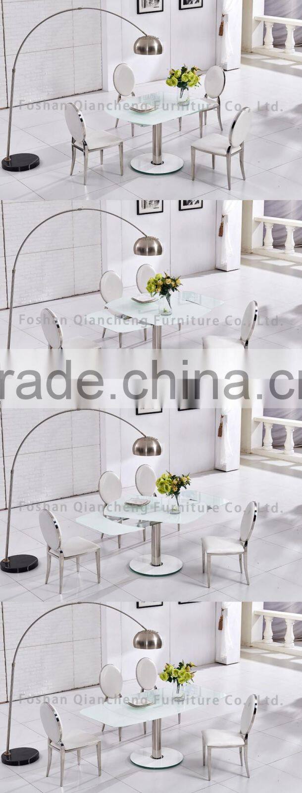 2017 modern function adjustable tempered white glass dining table