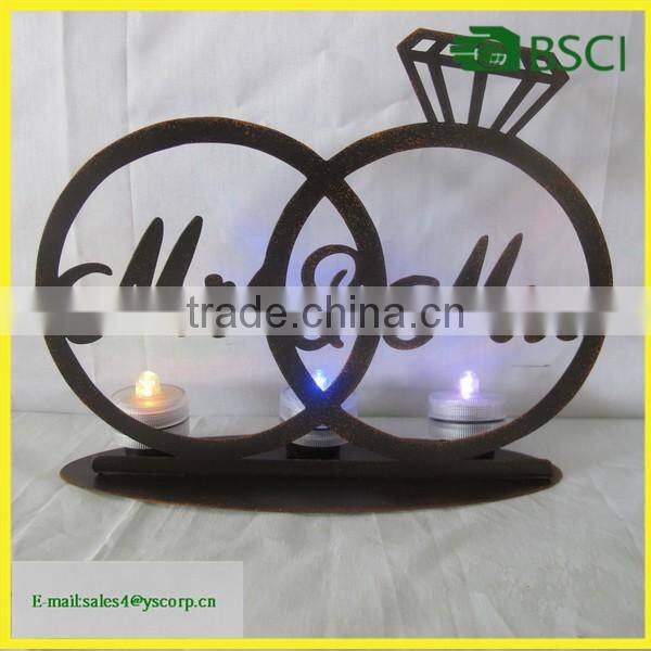 metal home decoration Mr and Mrs sign customized size wedding ring shape candle holder for wedding, valentine's day gift