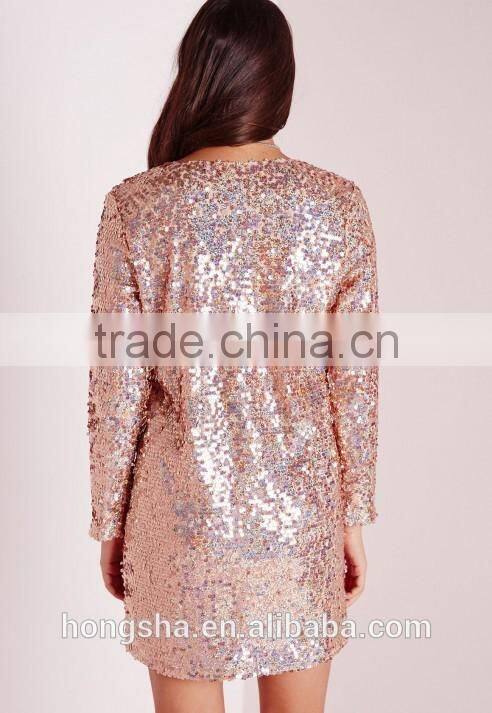 Long Sleeve Sexy V Neck Gold Sequin Dress Fashion Sexy Women Sequin Dress HSD6639