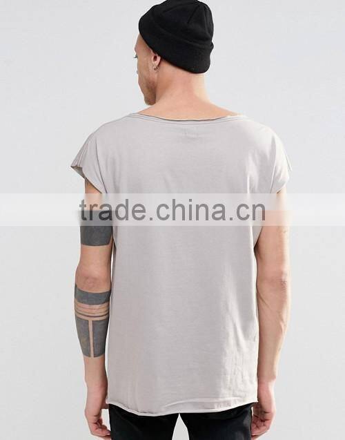 Men 100% cotton oversized scoop neck sleeveless grey t-shirt 2016