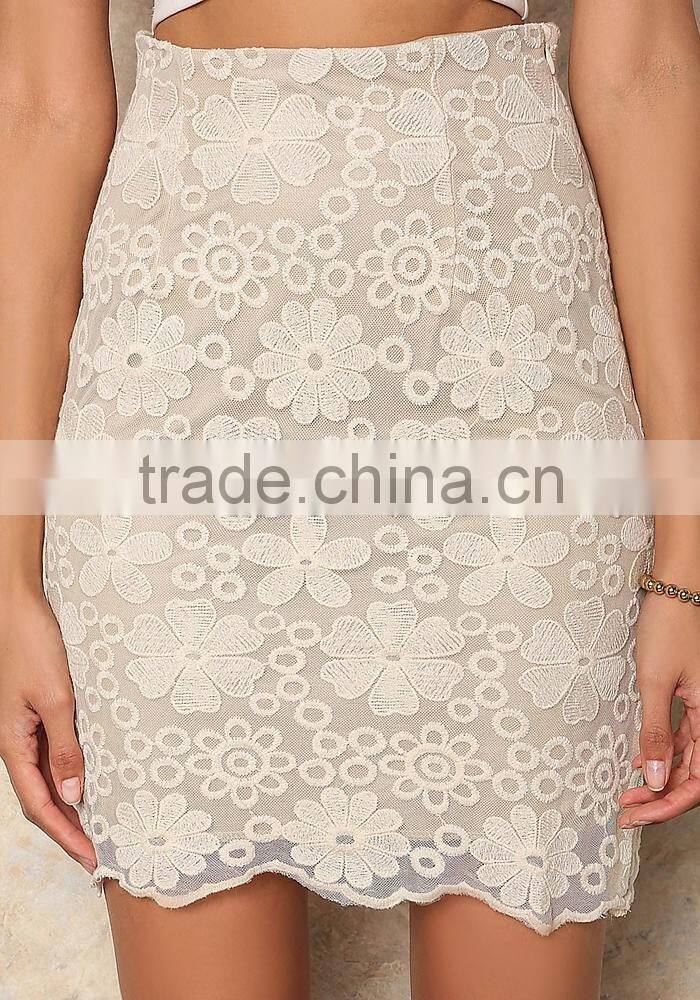 New Arrival Wholesale Bulk Price Clothes Women Midi Skirt With Embroidery Lace Daisies