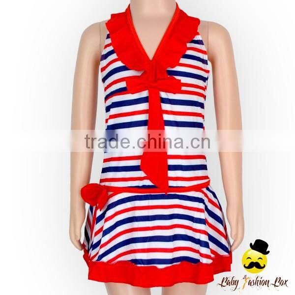 YZA-002 Yihong Cute Stripe Stylish Little Girls Sleeveless Bow Dress Designs Swimsuit Onesie Kids Swimming Wear