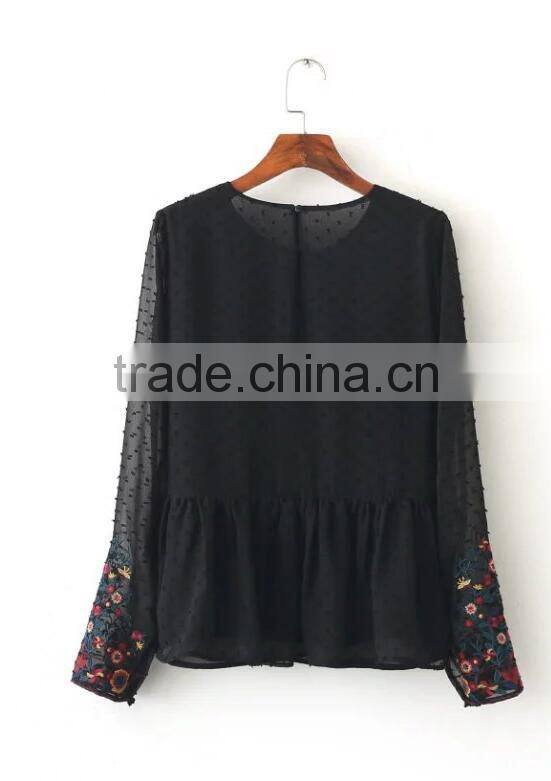 Runwaylover EY2364B Ladies Fashion 2017 Full Embroidery Chiffon Transparent Blouse