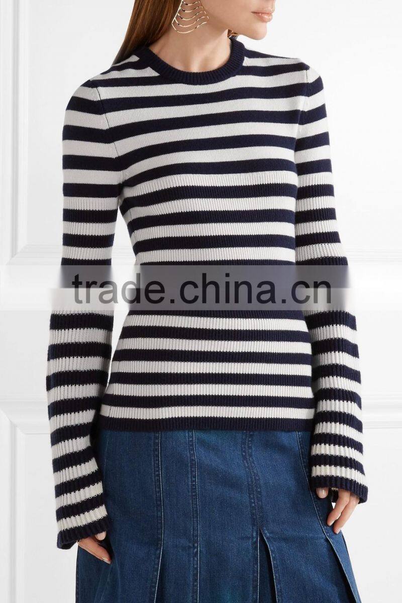 Among Best Selling Bell Sleeved Navy Blue and White Striped Women Spring Sweater