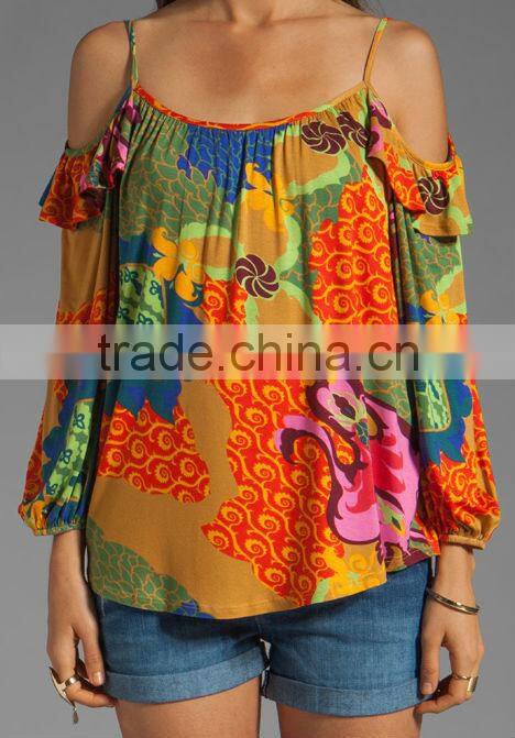 ruffle trim floral print top for women