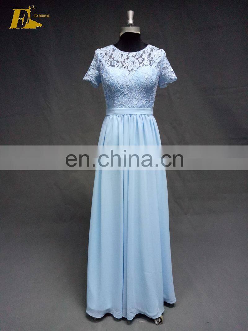 High Quality Lace Chiffon Long Bridesmaid Dress With Short Sleeve