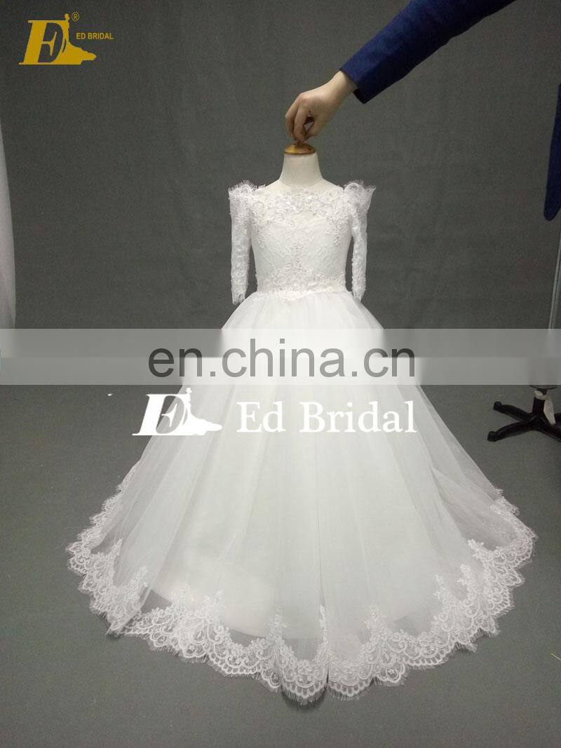 Lovely Off Shoulder Sleeves Custom Made Ivory Lace Flower Girl Dress
