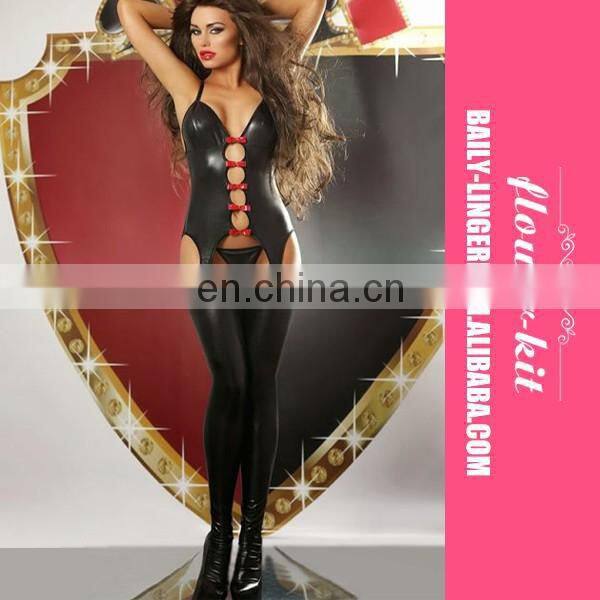 Sexy Black Silver Front Diamond Connect Vinly Jumpsuit Women Erotic Lingerie