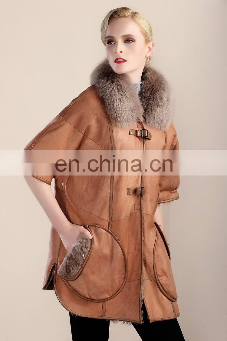 Fashion Design Fox Fur Collar Sheep Fur And Skin Jacket Short Sleeves Fur Coat Trend Winter Fur Dress