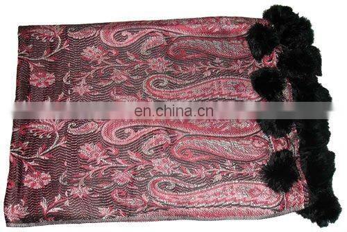 Paiseley Design shawl with Fur balls in Mexico