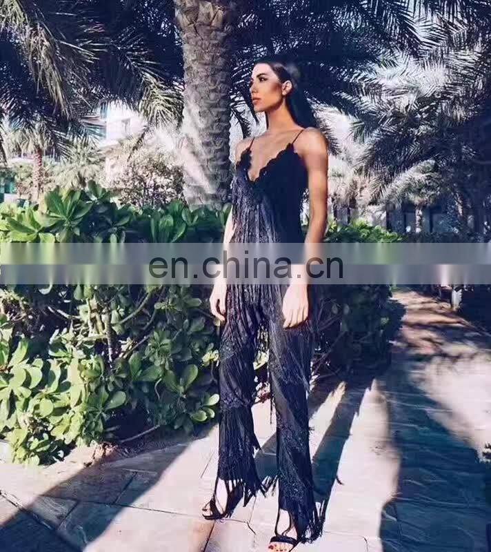 amigo 2017 new style white dew chest tassel strap sexy lace long bandage jumpsuit for women party wear
