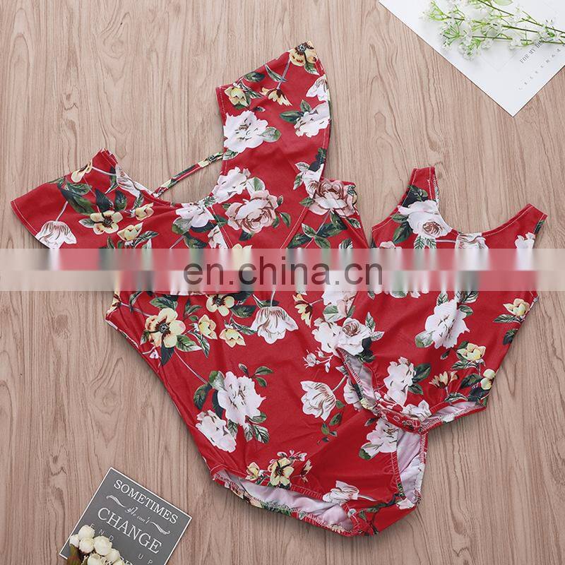 2019 summer new red flower print WOMAN RUFFLE off shoulder one piece BIKINI swimsuit