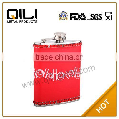 gift red crystal decorated white logo on red leather hip flask for girls and women