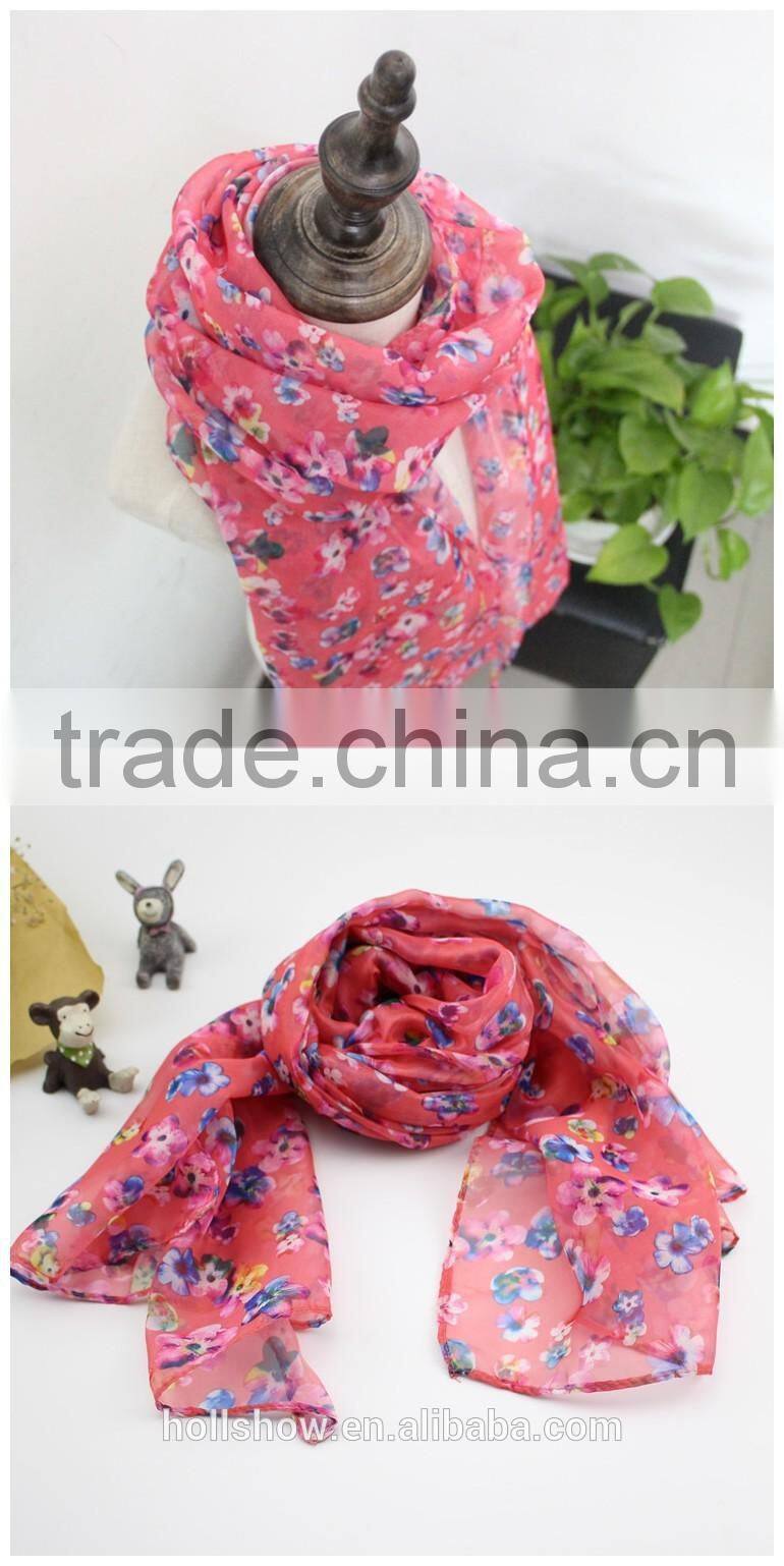 Hot Selling Charm Beautiful Small Flower Printed Polyester Long Fashion Girls Scarf