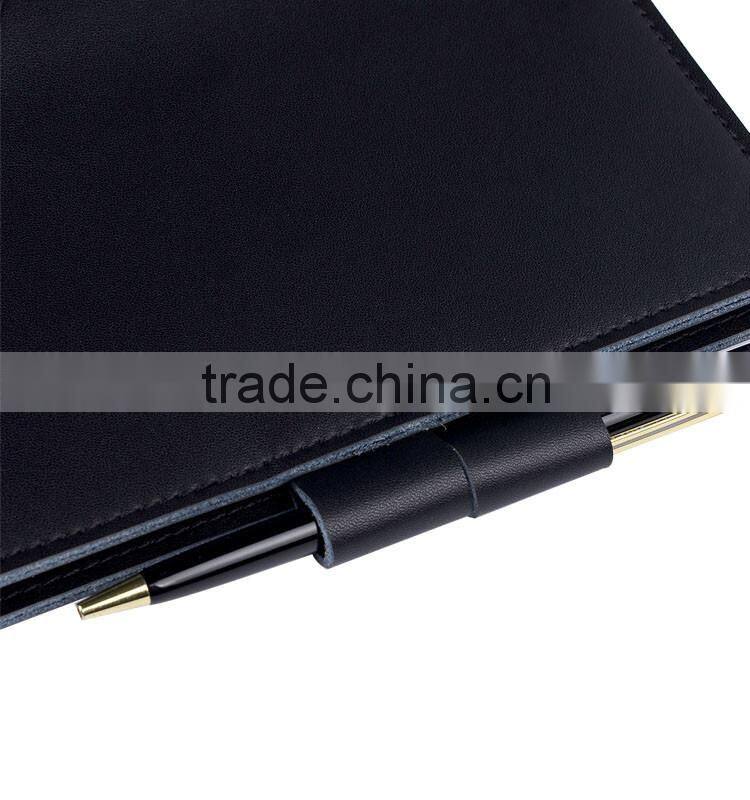 Black fashionable a5 refillable genuine leather notebook with pen attached