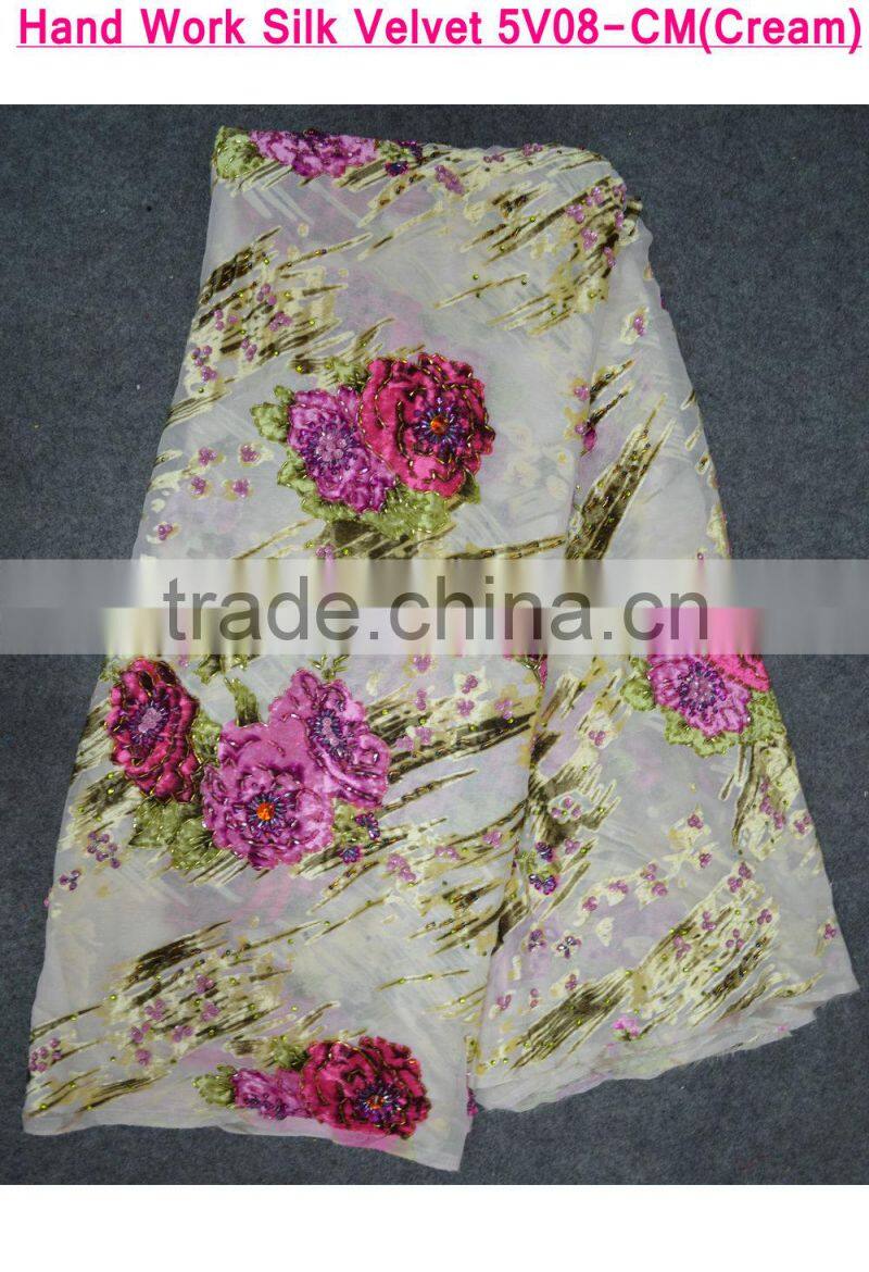 African cream silk lace fabric with velvet flowers in China