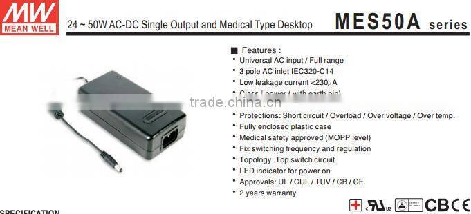Meanwell 3.3v adaptor/24 ~ 50WAC-DC Single Output and Medical Type Desktop