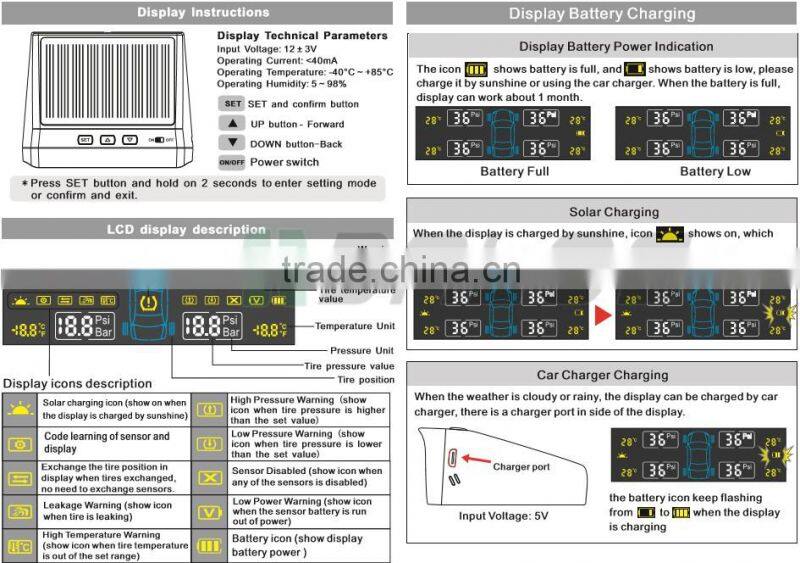 Solar TPMS easy for installation, Bar and Psi pressure unit optional with external sensor Auto Wireless Universal TPMS