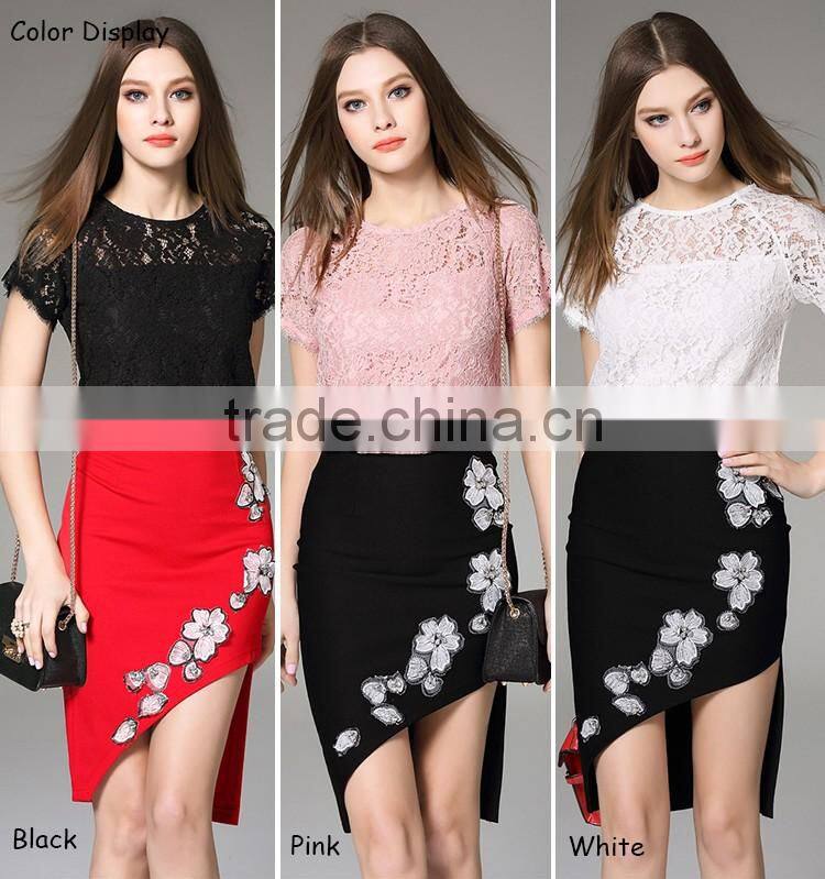 Wholesale 2016 Summer Women Black White Pink Tops Lining Lace Blouses Back Zipper Short Sleeve Slim Fashion Design Lady Blouse