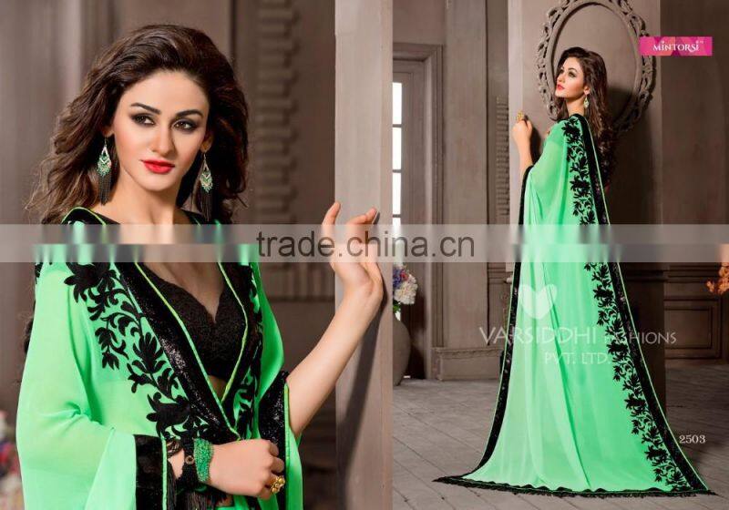 Glided Light Yellow Georgette Saree/Traditional Indian Sarees