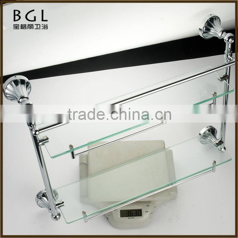 11102 hot sale zinc alloy chrome bathroom accessories double glass shelf
