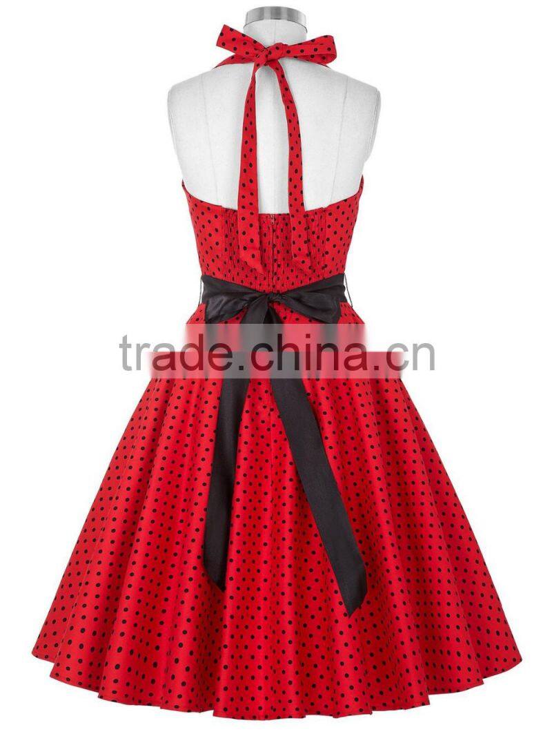 Red Polka Dot Halter Woman Dress Super Flare