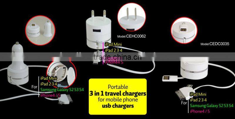 3 in 1 Car charger cable 10 in 1 portable multi usb phone charger cable usb car charger/usb home wall charger AC adapter 3in1