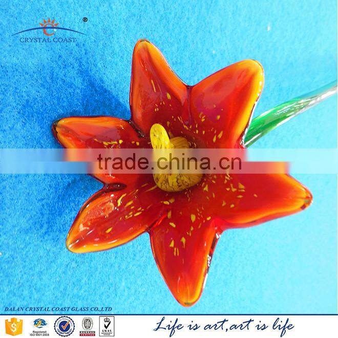 Hand Made Murano Glass AMBER ORANGE Colored 6 LEAF Flower with twisted stem China