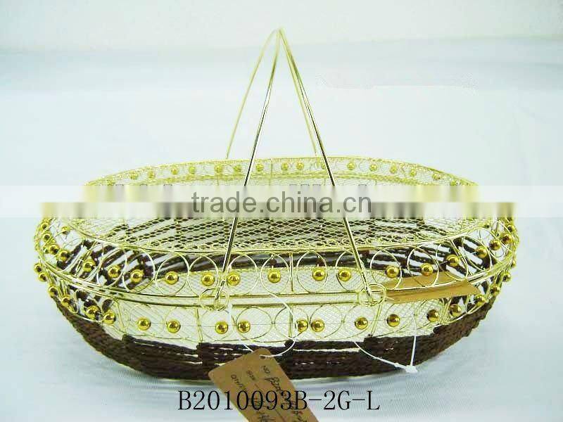 Golden metal wire and paper rope rectangle fruit storage basketry