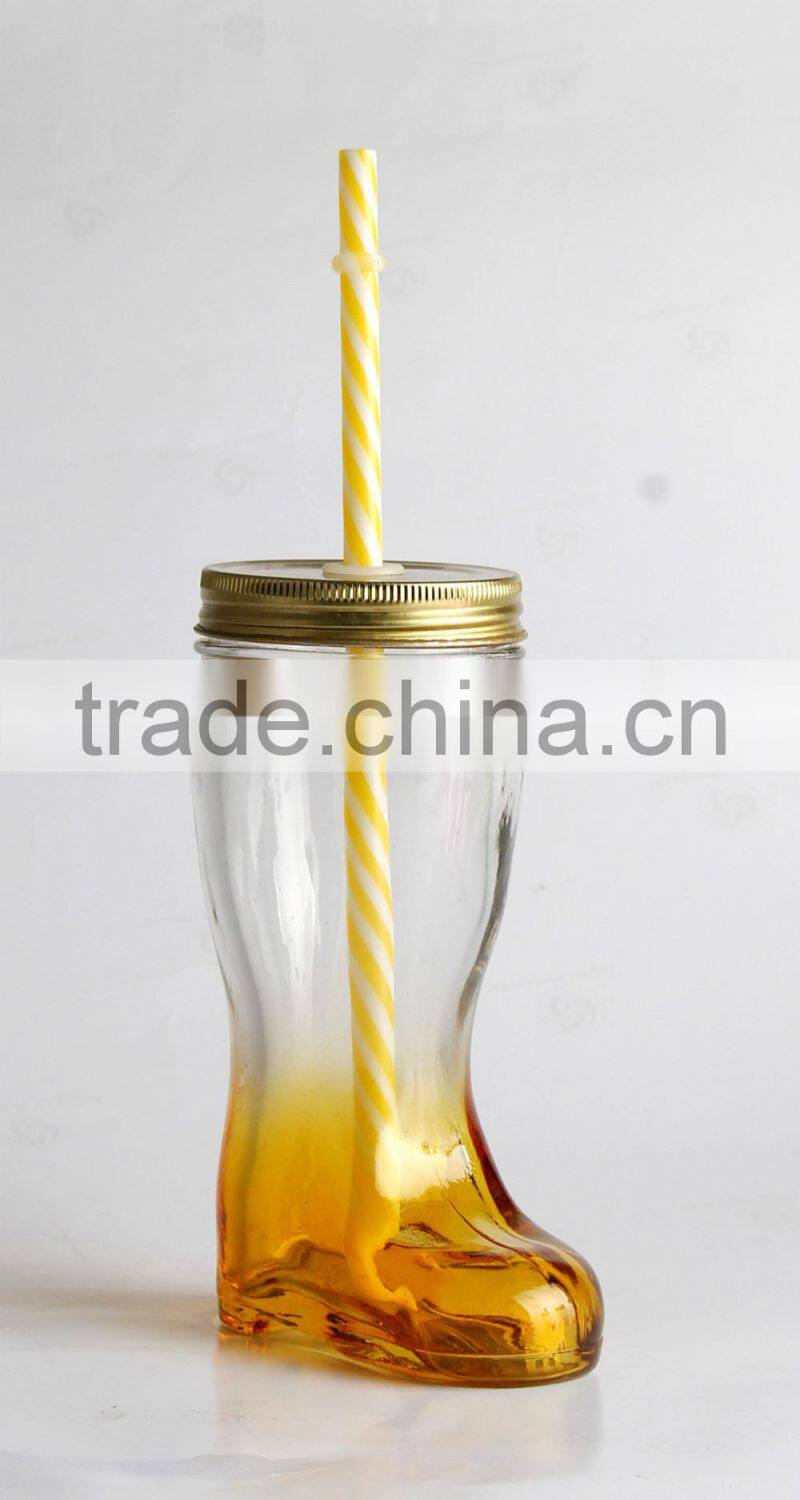 Colorful hot selling boots shape glass jar,juice jar