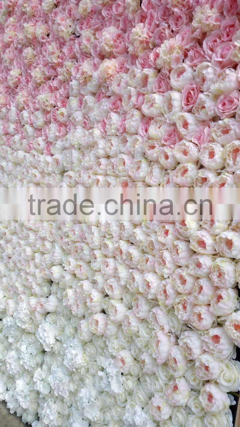 artificial silk ombre flower wall with wood panel for wedding decoration