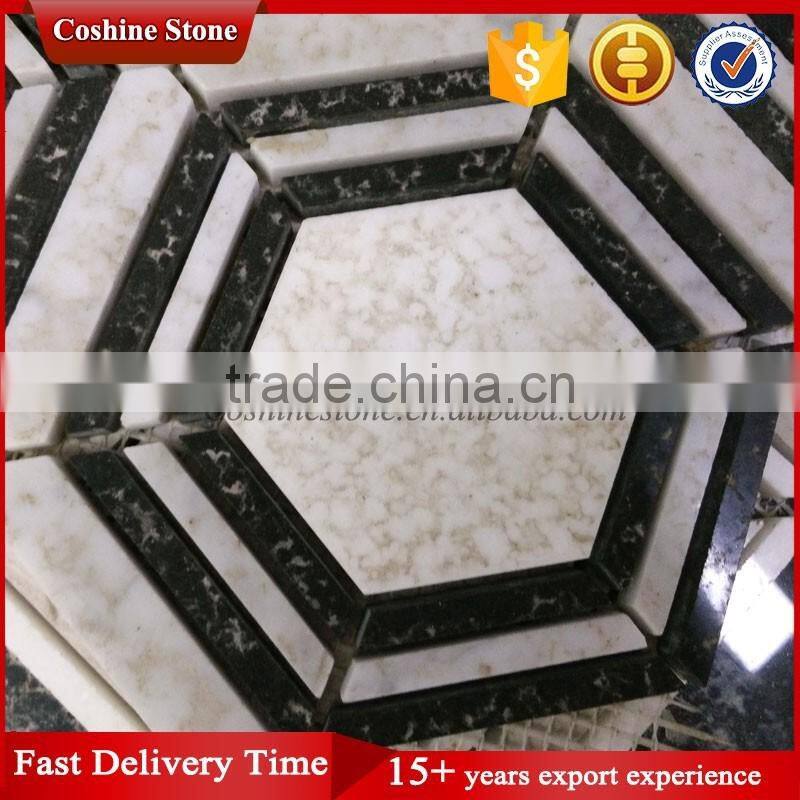 Five layers surround white black hexagon marble stome mosaic with more veins
