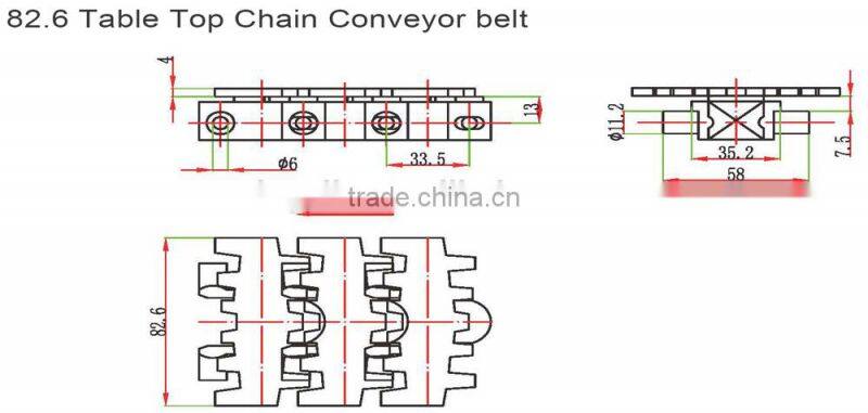 82.6 Table Top Chain Conveyor belt with Ribs